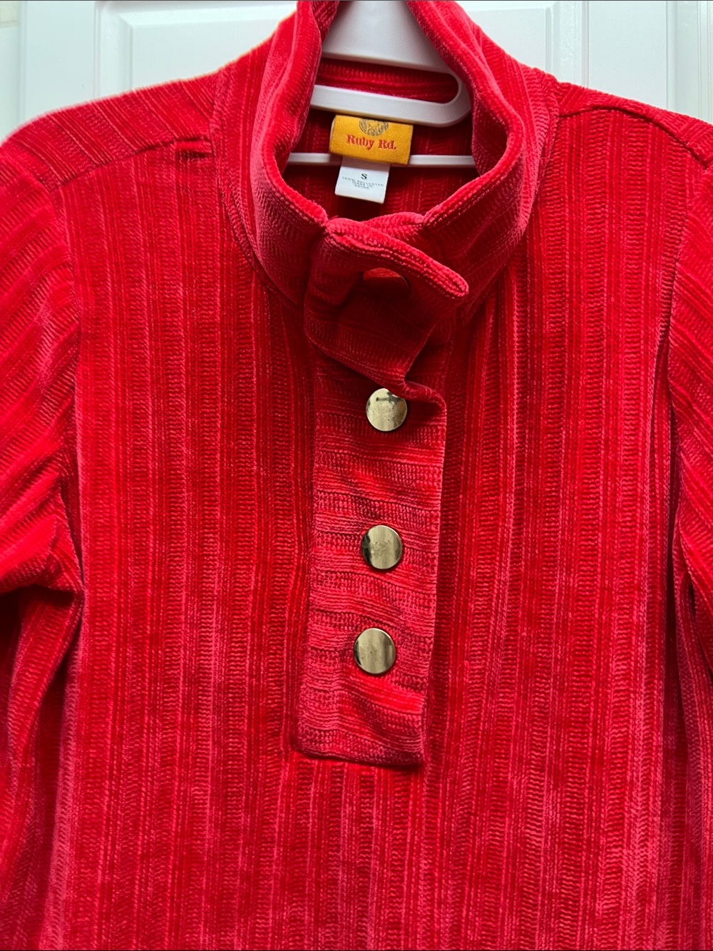 Ruby Rd. Bright Red Ribbed Button-Front Pullover - Picture 3 of 6